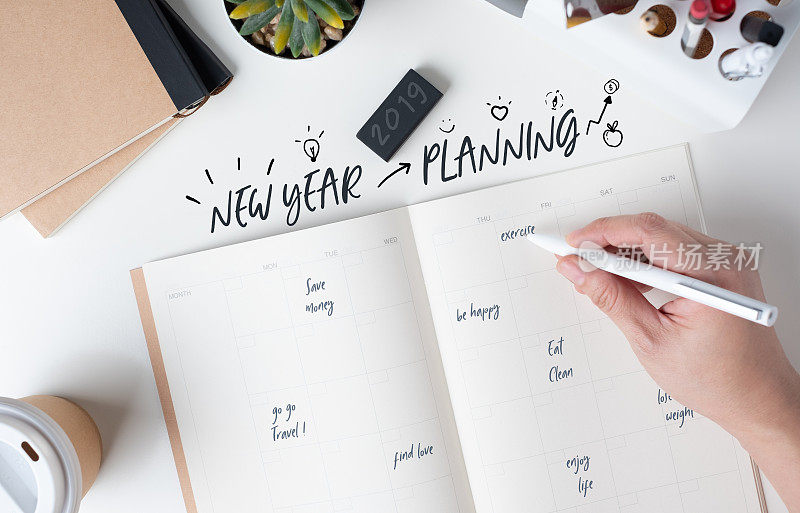 Top view手写新年计划在开放式日历计划与涂鸦风格的生活决议与现代办公文具和带走的咖啡杯在白色办公桌在办公室。